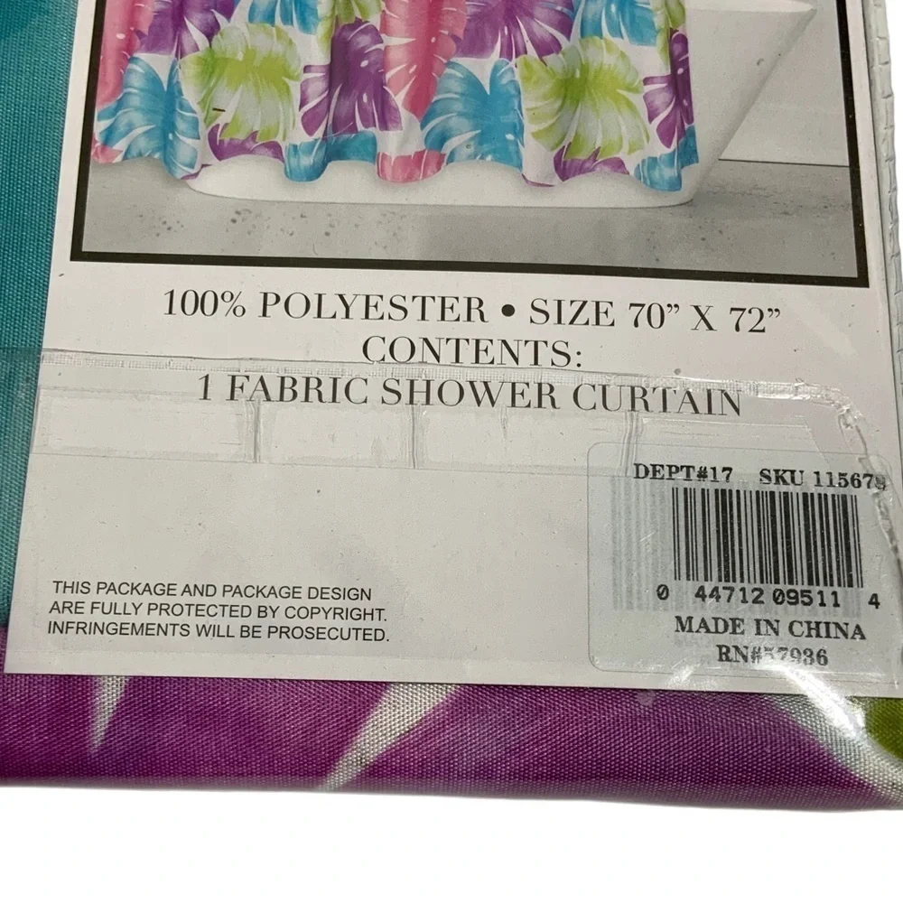 Shower Curtain Tropical Colorful Leaf Print Fabric Teal Pink Green 70 X 72 in